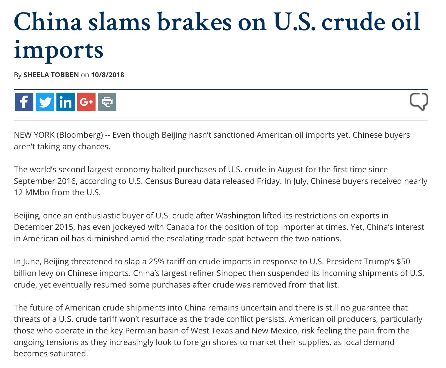 China Slams Breaks On US Crude Oil Imports